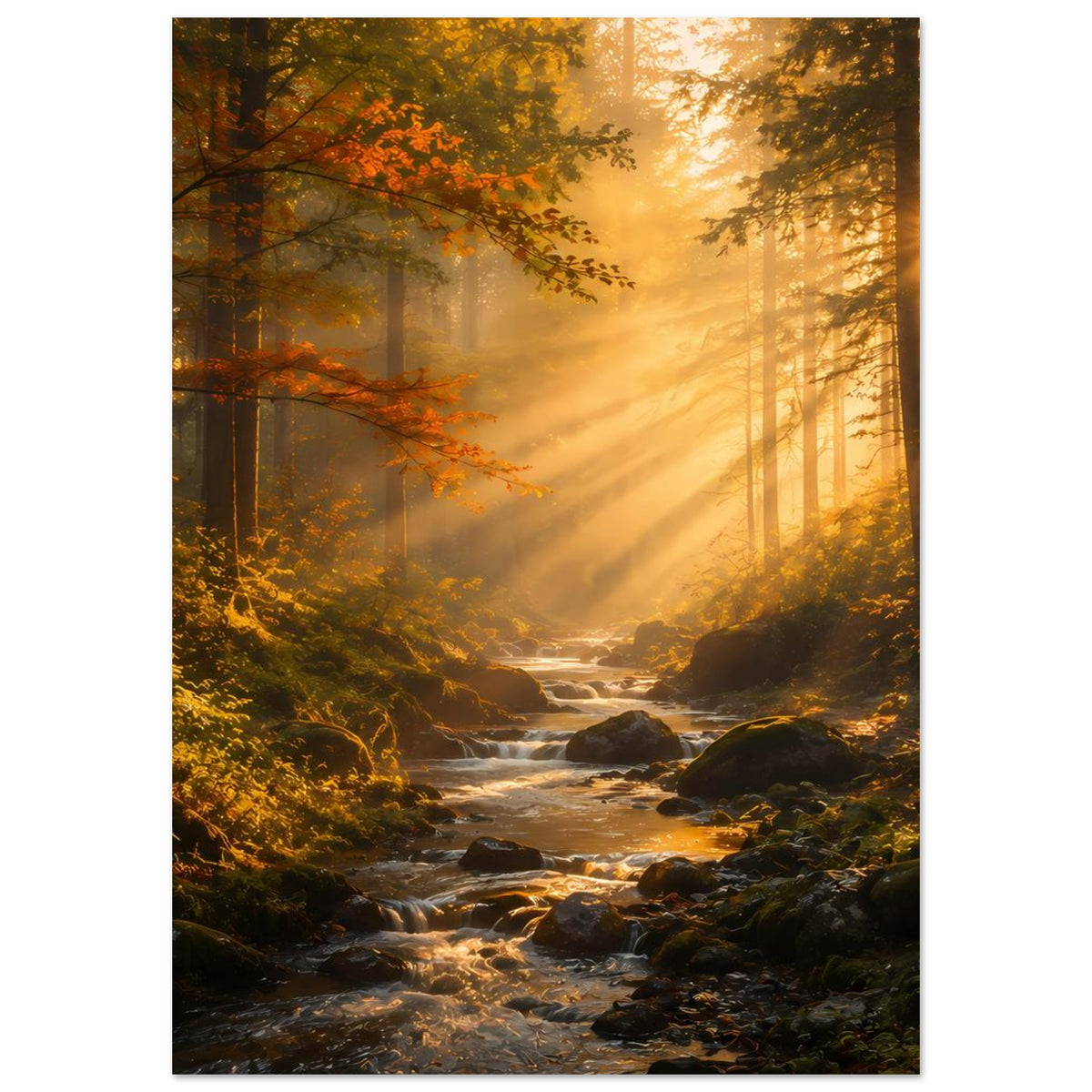 Poster Wald-Sonnenaufgang hochkant: Fluss mit Strömungen, goldener Himmel, hohe Bäume beidseitig