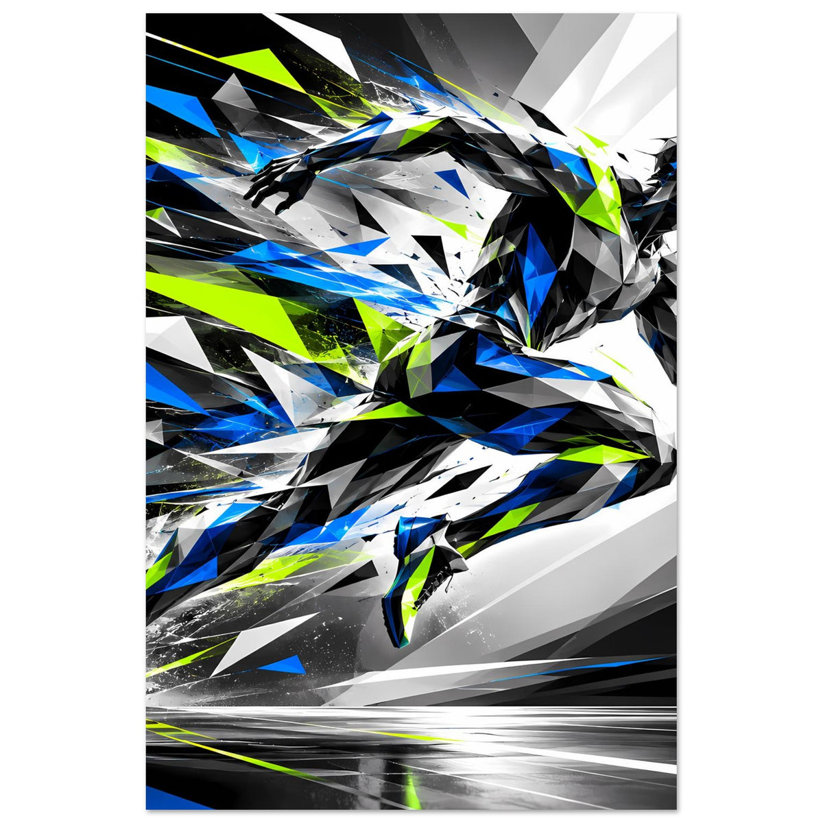 Vertikales Poster: dynamische Läufergrafik in Blau, Schwarz, Neon-Grün und Grau