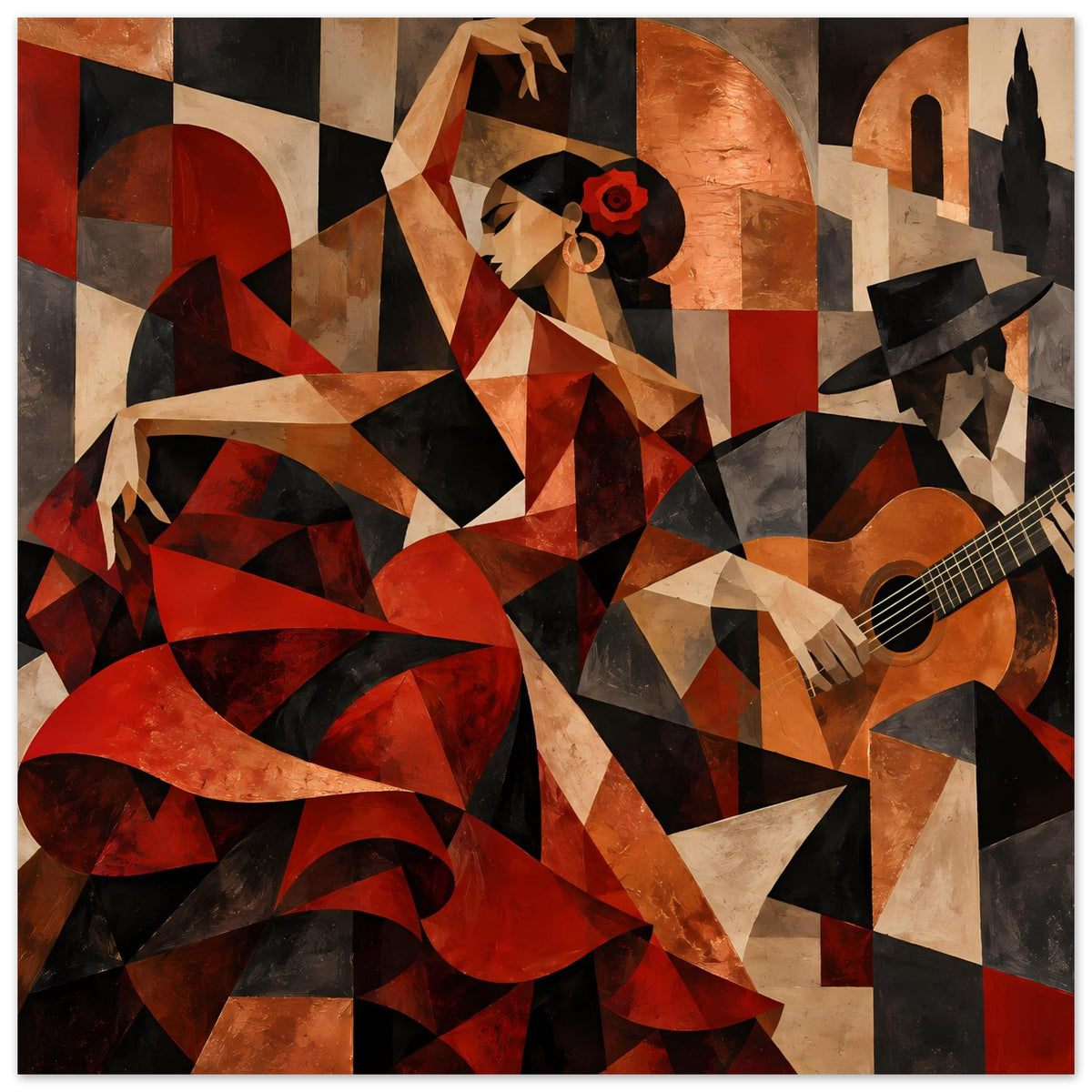 Kunstposter mit Flamenco-Figur, Gitarre rechts, abstraktes Mosaik in Rot- und Erdtönen