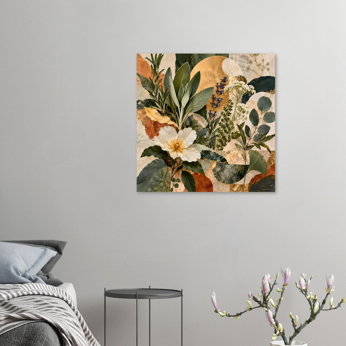 Quadratisches botanisches Poster mit weißen Blüten, blauen Blüten und grünen Blättern