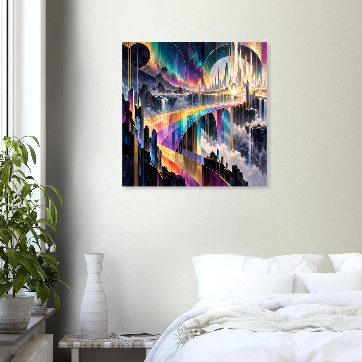 Poster mit Regenbogen-Brücke und großer Wasserfall-/Dampfkulisse in leuchtenden Farben