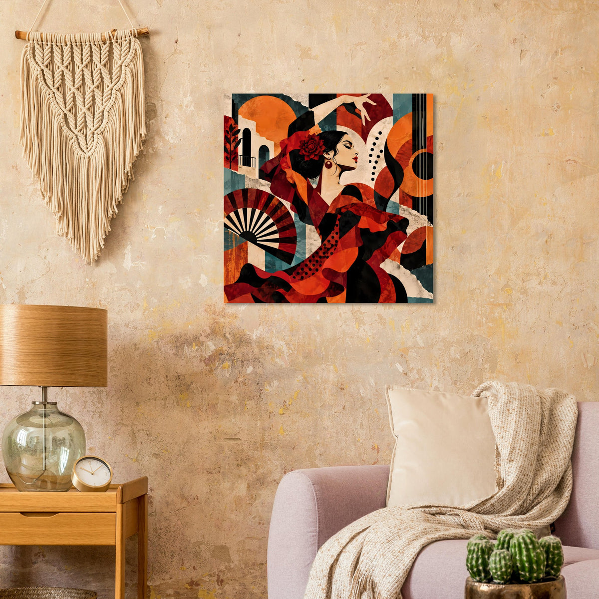 Flamenco-Tanzposter mit Tänzerinprofil, roten Fächern und schwarzen Wirbeln