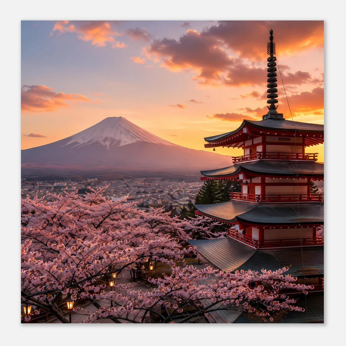 Hochformatiges Poster mit Kirschblüten, Mount Fuji und rotem Tempel, gerahmt wirkend