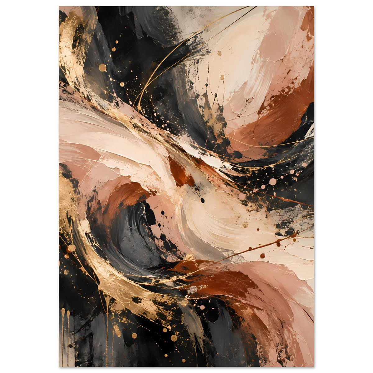 Abstraktes Kunstposter, vertikal: beige-graue und braune Farbflächen mit goldenen Spritzern