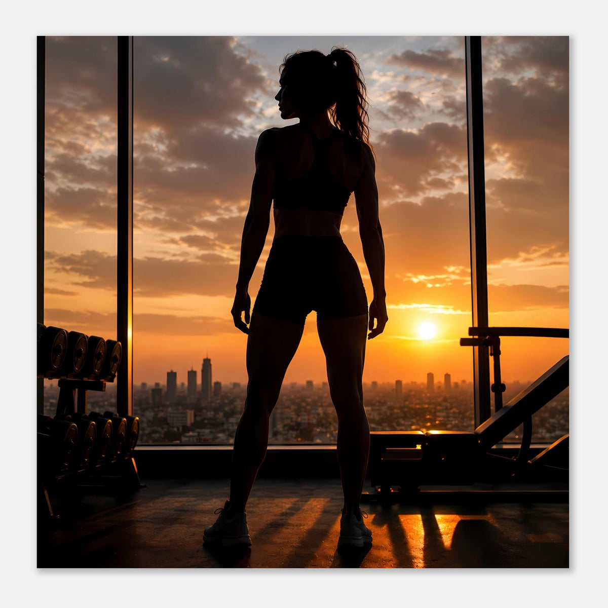 Fitness-Poster im Querformat mit schwarzer Silhouette einer Sportlerin und Sonnenuntergangslicht