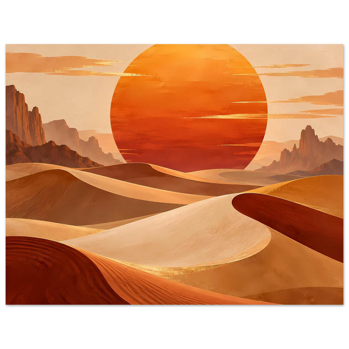 Wüstenlandschaft-Poster im Hochformat: orangefarbene Sonne über Sanddünen und Felsbergen