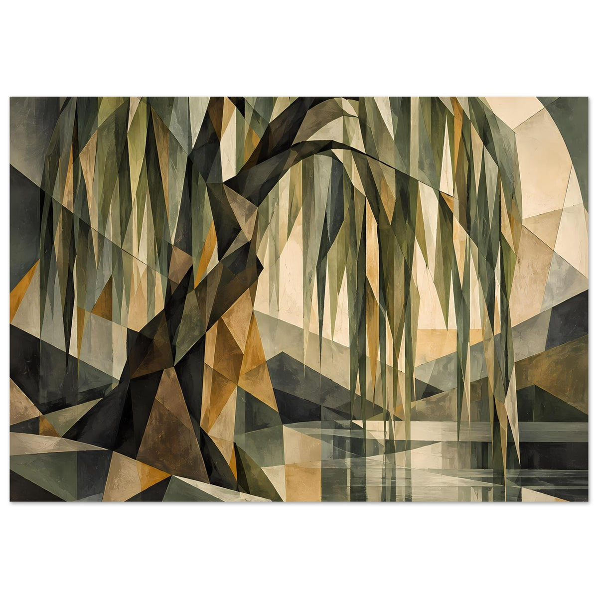 Geometrisches Baum-Poster im Querformat, abstrahierte Baumkrone in Grün-, Beige- und Brauntönen