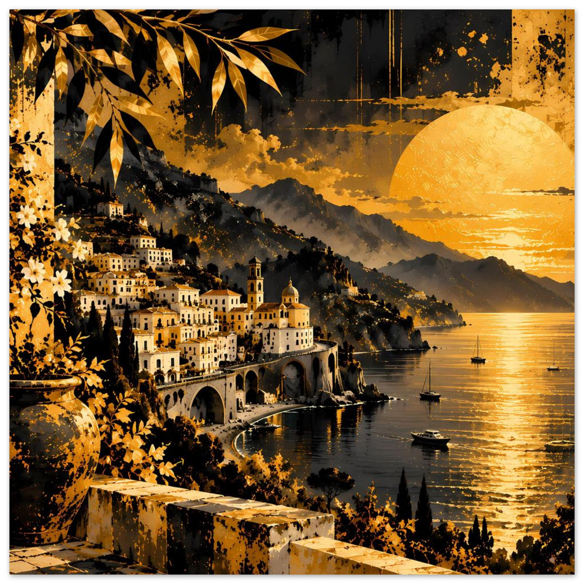 Poster mit Küstendorf bei Sonnenuntergang, großem gelbem Mond, Booten und Bergkulisse