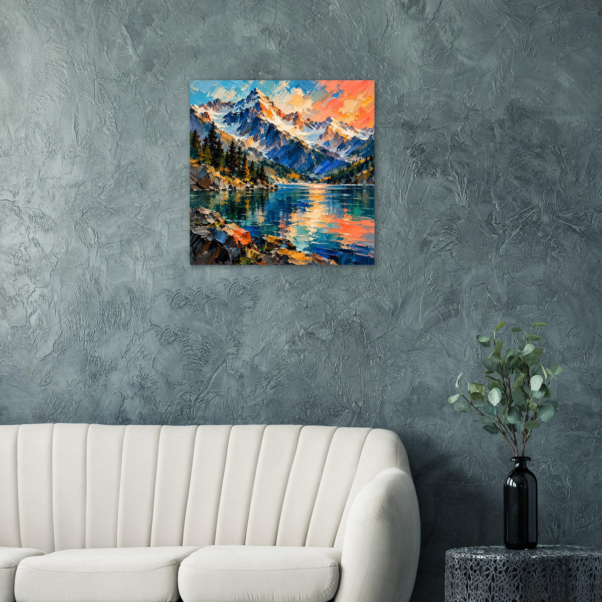 Quadratisches mattes Poster mit Bergsee-Landschaft, blau-grün mit orangefarbener Sonne