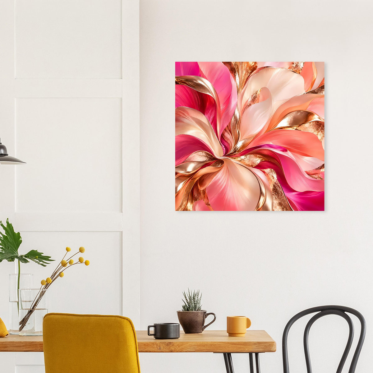 Abstraktes Blumenposter (quadratisch) in kräftigem Rosa und Gold
