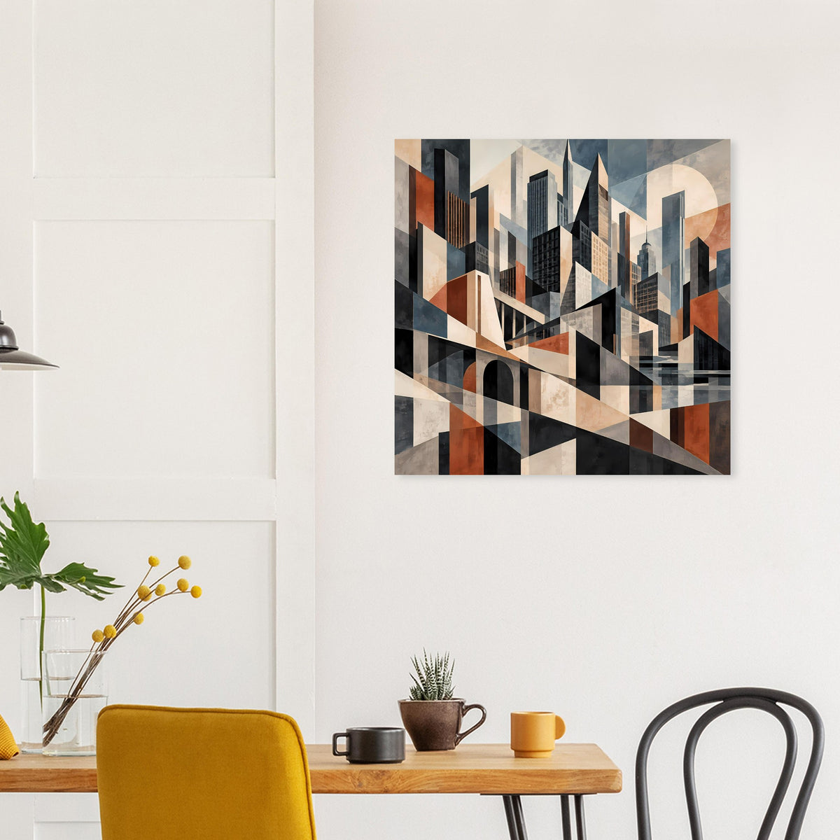 Architekturposter mit geometrischen Hochhäusern in Erdtönen und Blau