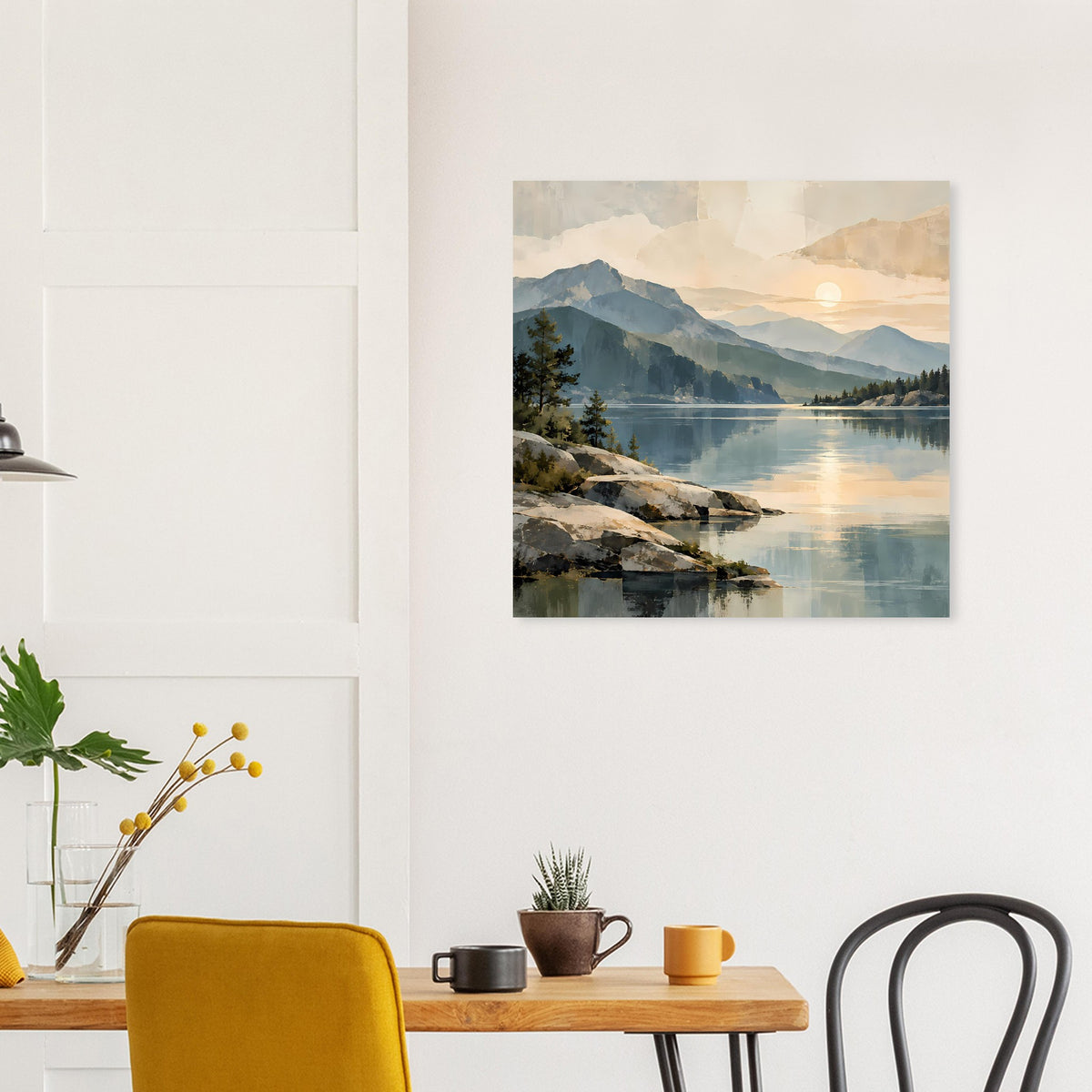 Poster mit Bergsee-Landschaft und sanften Sonnenaufgangstönen, felsige Uferkante