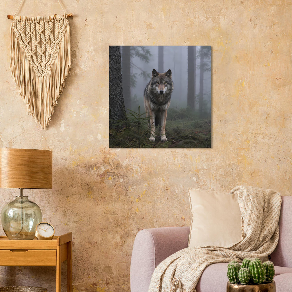 Quadratisches Poster: Wolf im Wald vor dichtem Unterholz, frontal blickend