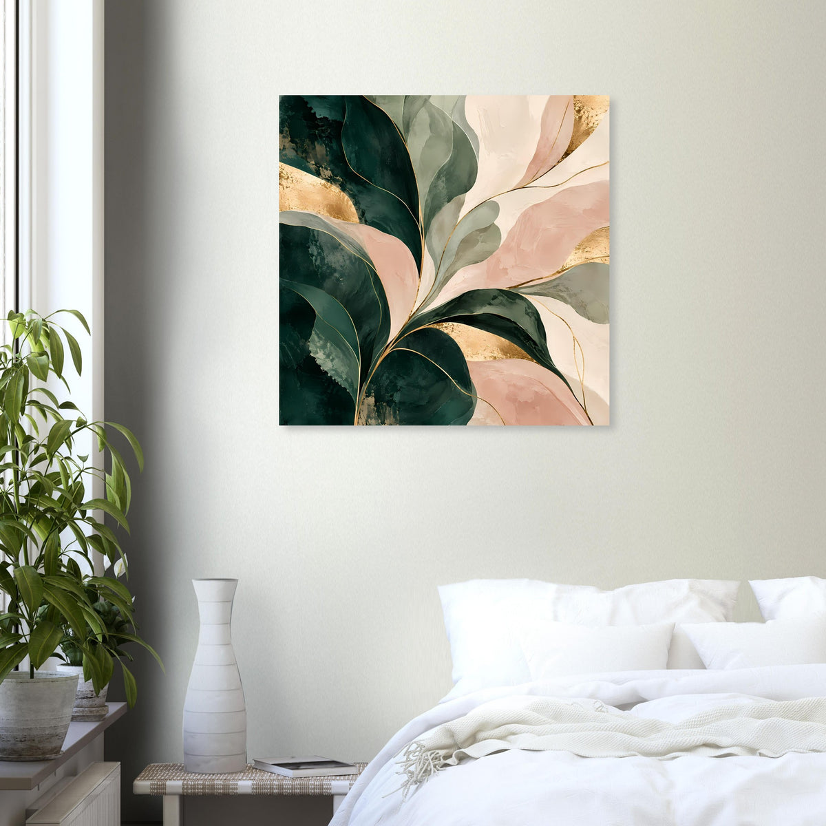 Abstraktes Kunstposter mit grünen, roséfarbenen und goldenen Blättern