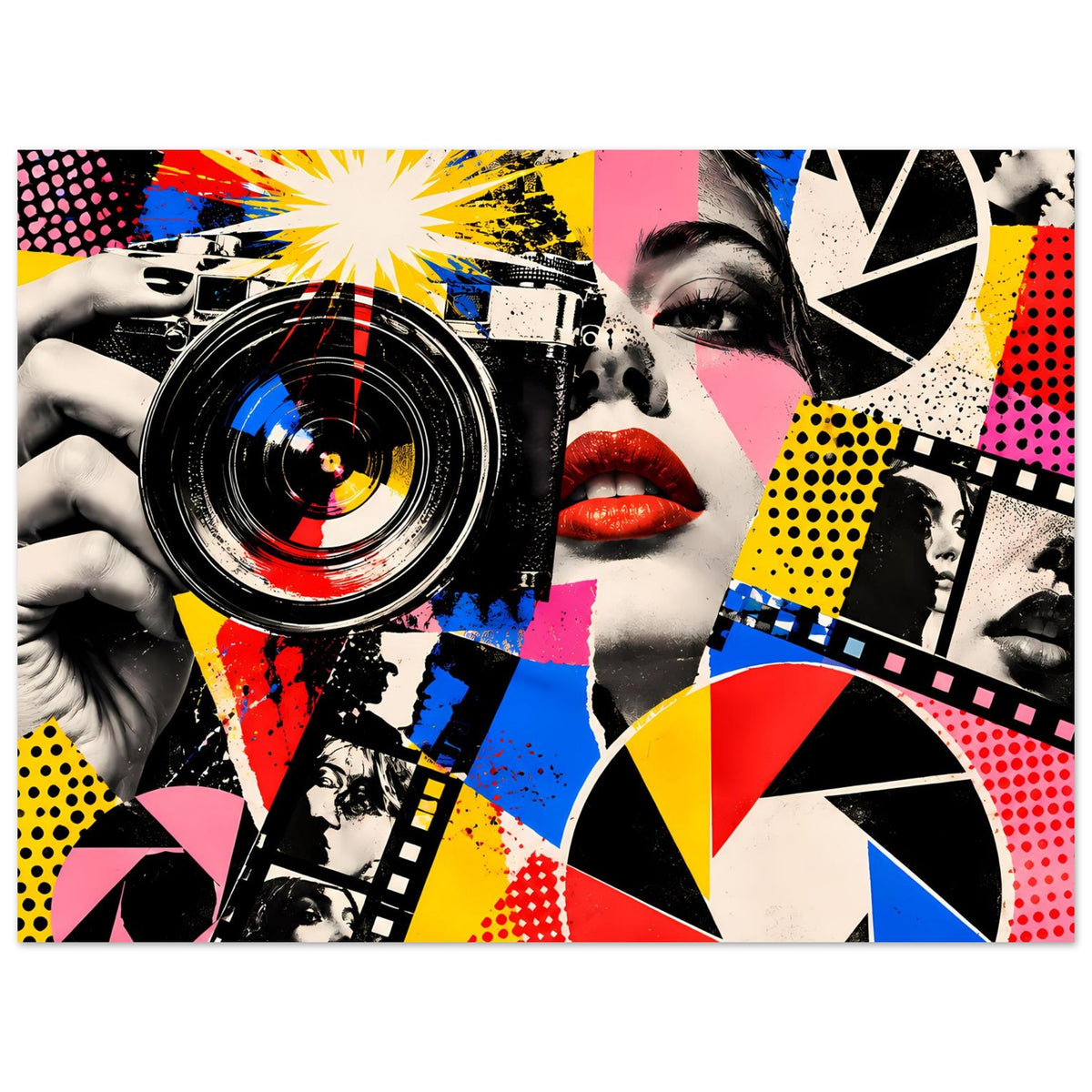 Pop-Art-Fotografie-Poster mit Kamera-Linse, Gesicht rechts und gelb-blau-roten Kontrasten