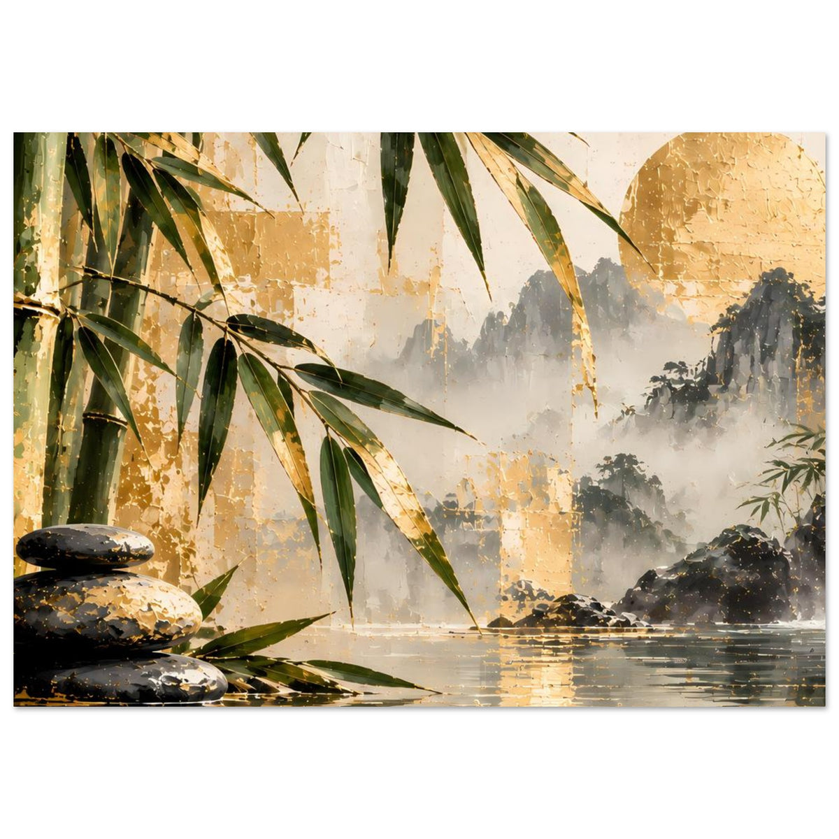 Wandposter: Bambus, Wasserfall und glitzernde Wasseroberfläche mit dunklen Steinen in warmen Goldtönen