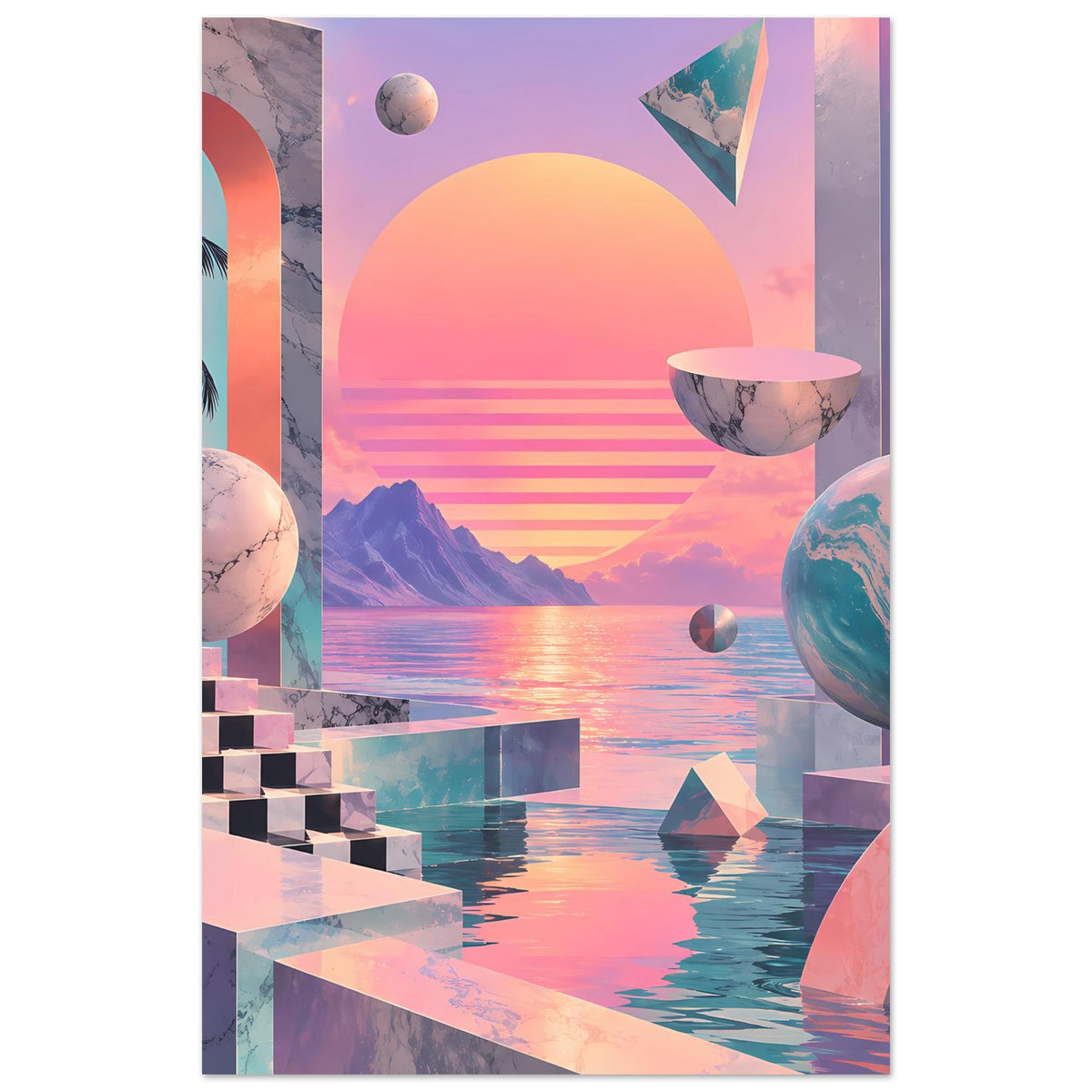 Vertikales Poster: Sonnenkreis, Planeten und Wasserreflexe mit farbigen geometrischen Bögen