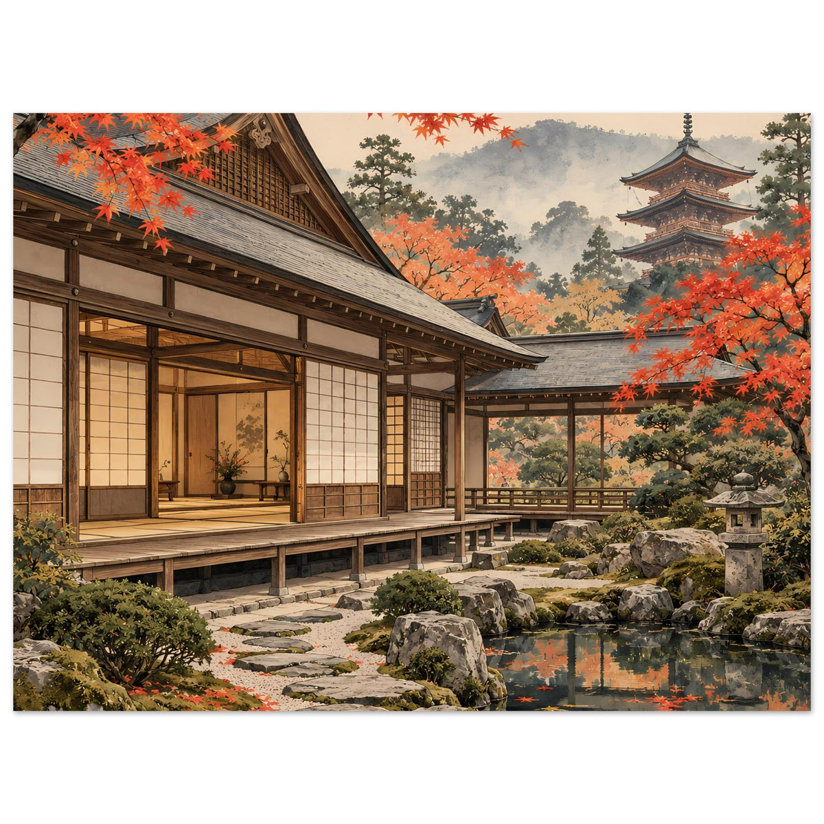 Querformatiges Poster mit japanischem Garten im Herbst, Holzveranda, Teich und rotes Ahornlaub