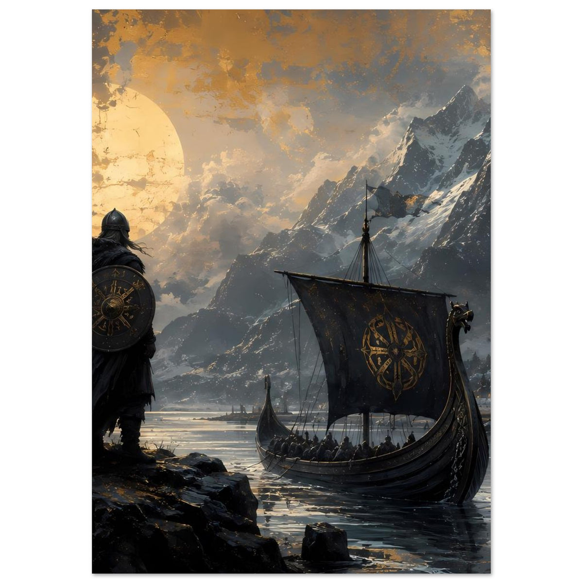 Wikinger-Poster: Krieger mit Schild links, Drachenboot rechts, Fjordlandschaft mit Bergen