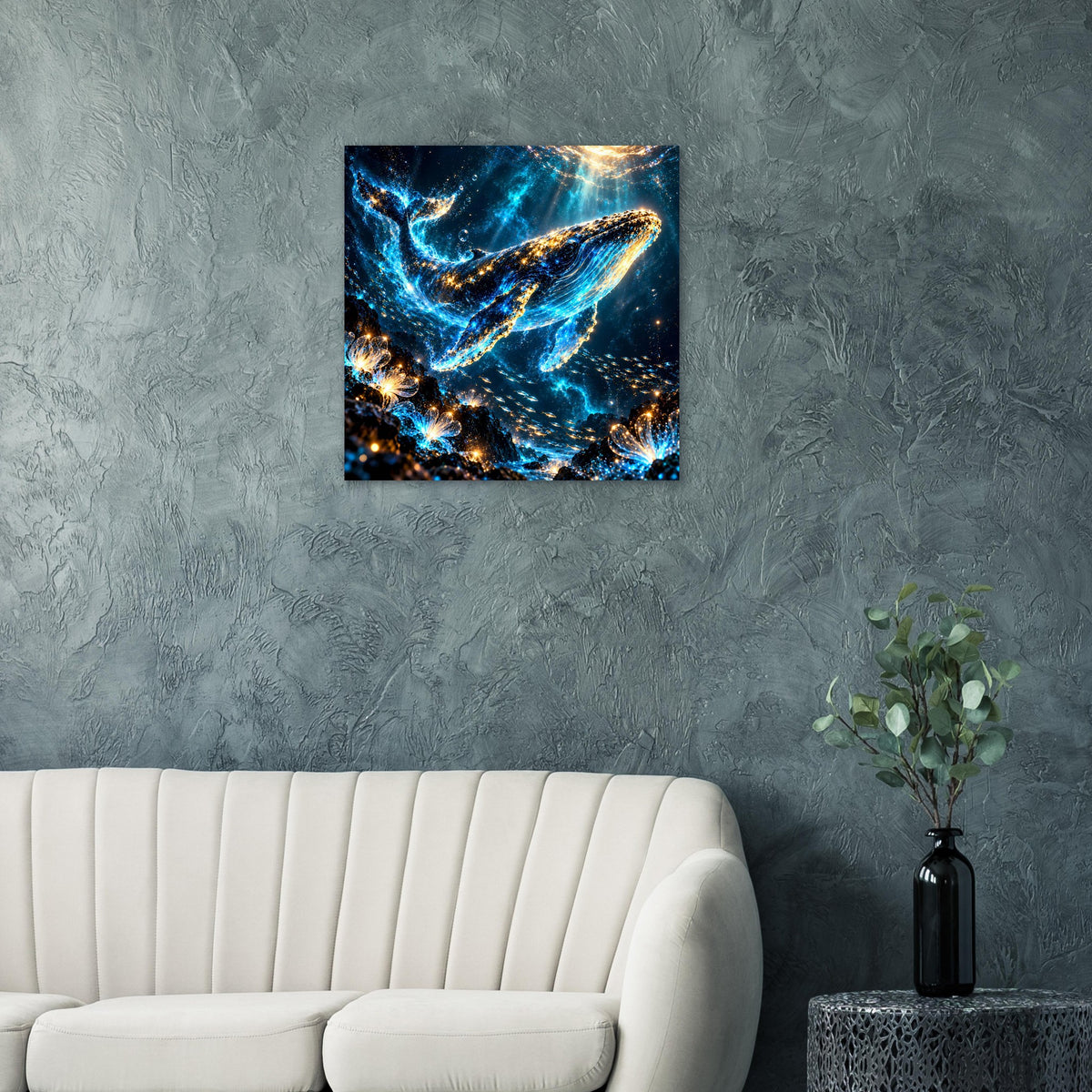 Walmeer-Poster an grauer Wand: leuchtender blauer Wal mit goldenen Lichtpunkten