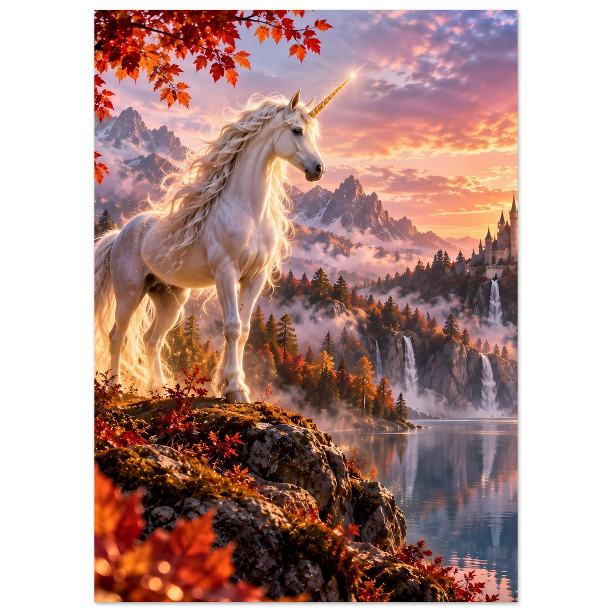 Einhorn-Fantasy-Poster (Hochformat) mit weißem Einhorn, Herbstlaub und Schloss am Fluss