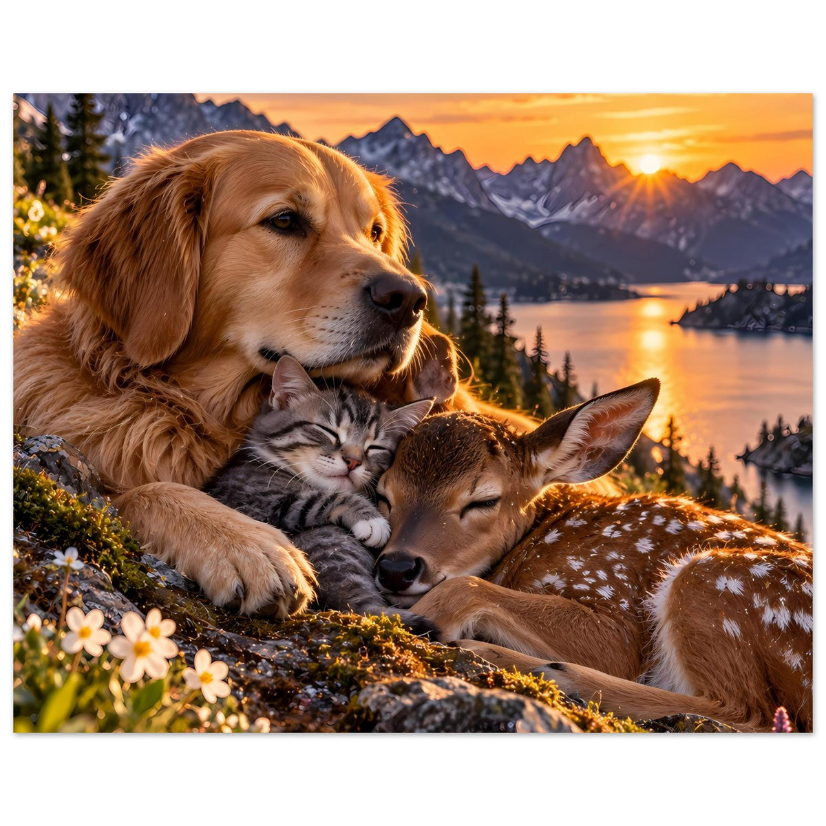 Poster mit goldbraunem Hund, schlafender Katze und Reh vor Bergsee im Abendlicht