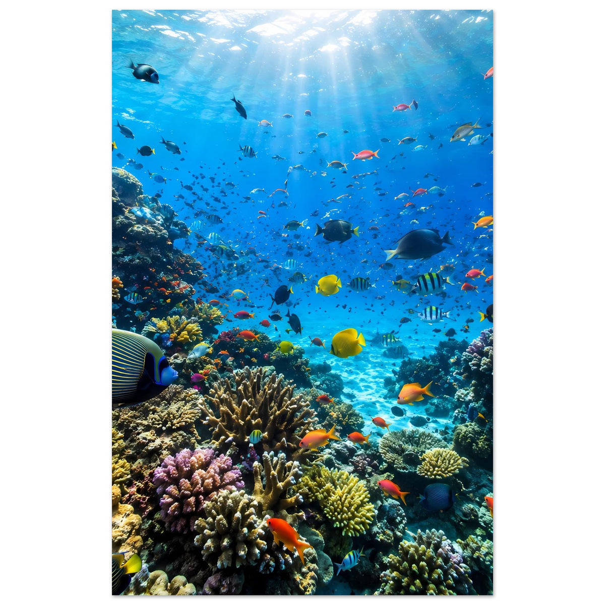 Vertikales Poster: Korallenriff unter Wasser mit Schwarm bunter tropischer Fische