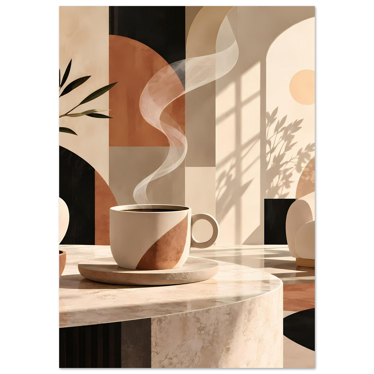 Wandposter Hochformat mit warmer Erdtönen-Illustration: Kaffeetasse, Lichtschatten, Blätter