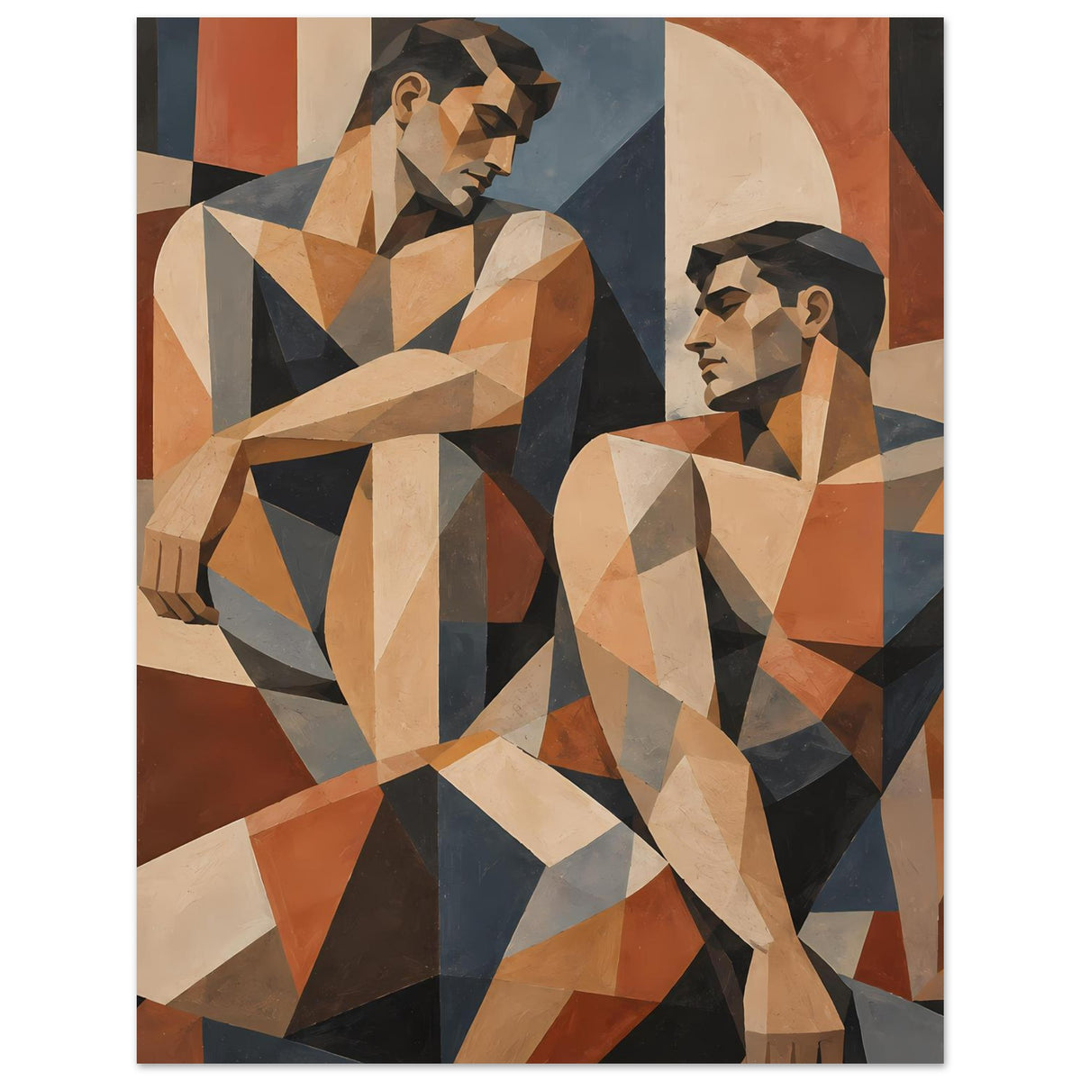 Kunstposter im Hochformat mit abstrakter, geometrischer Darstellung zweier Männer in Braun und Blau