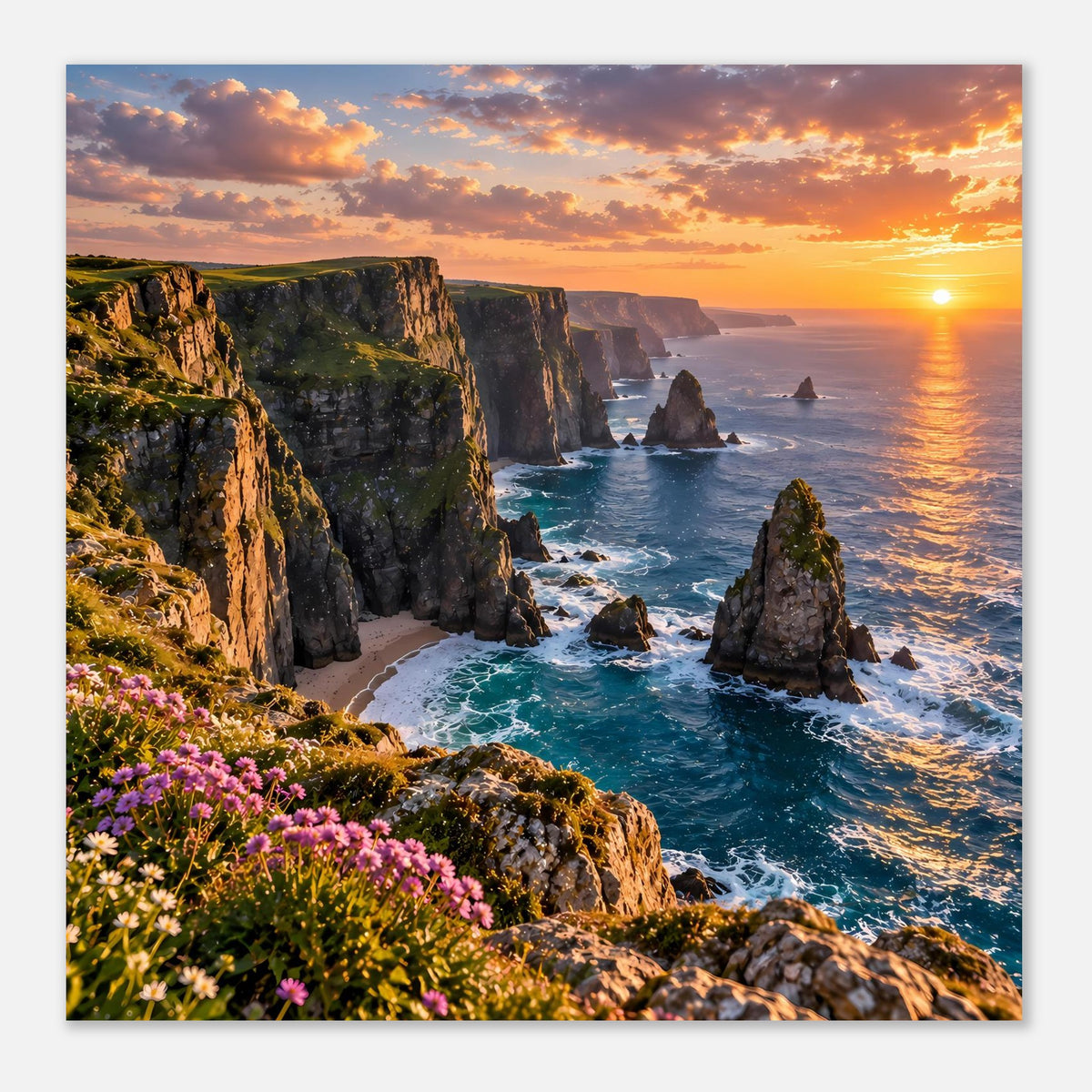 Poster im Querformat: Küstenklippen, türkisblaues Meer, orange Himmel und pinke Blumen