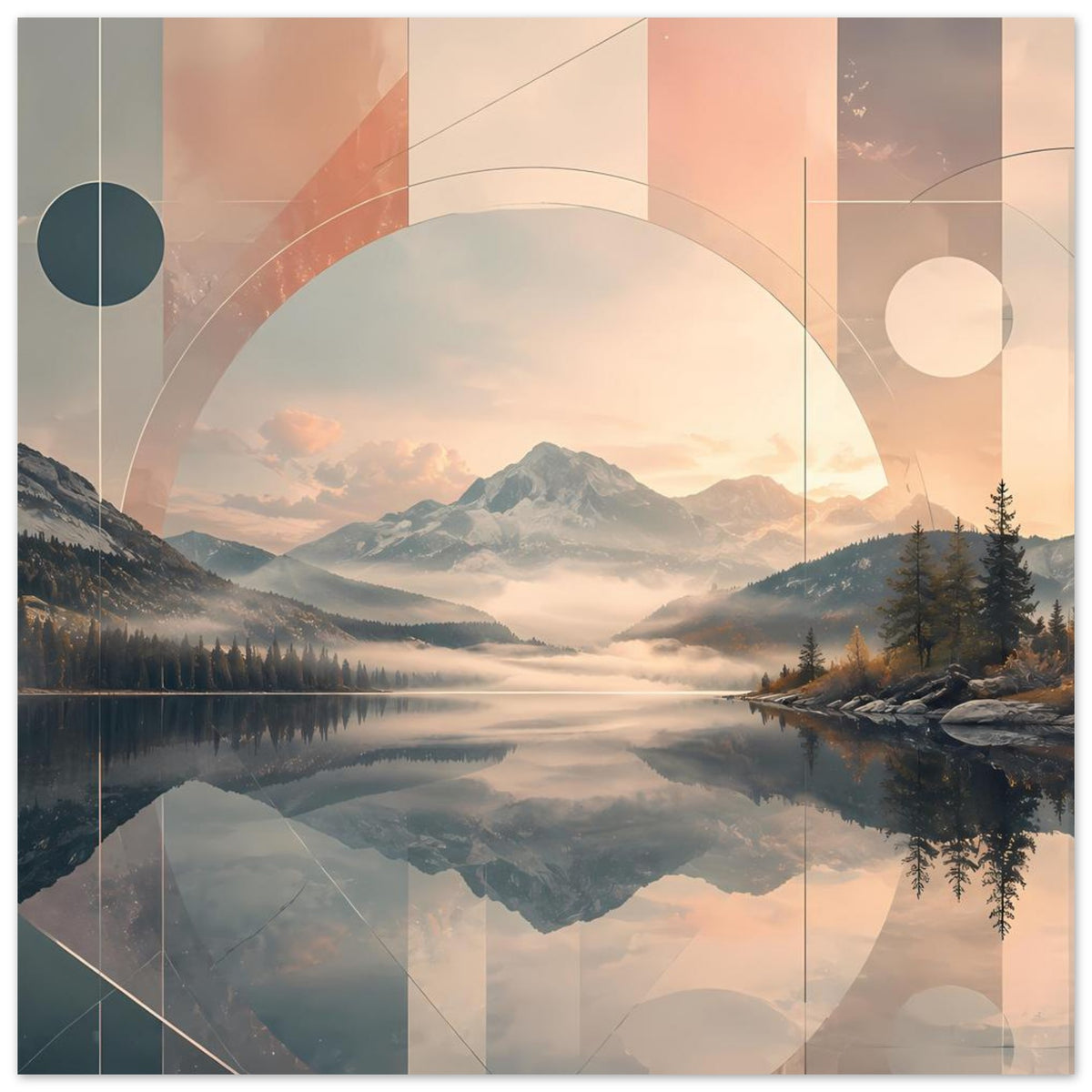 Poster mit geometrischem Overlay: Berggipfel und ruhiger See, Pastellfarben, kreisförmige Fläche