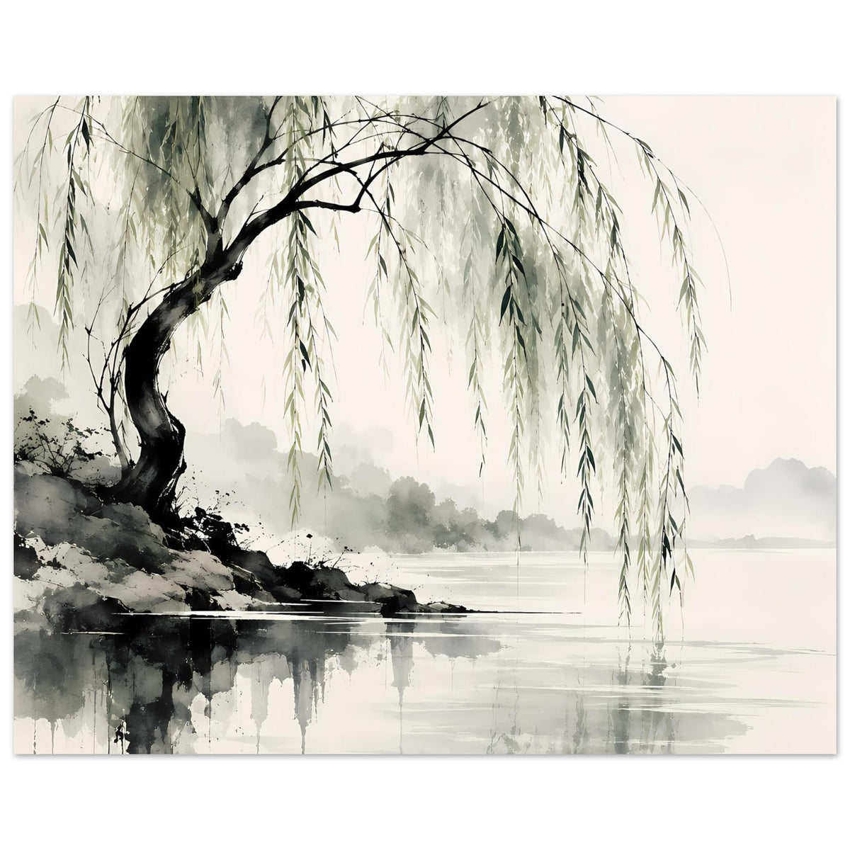 Naturposter mit Weidenbaum: Baum und hängende Zweige rechts, Wasserflächen und Nebelschleier