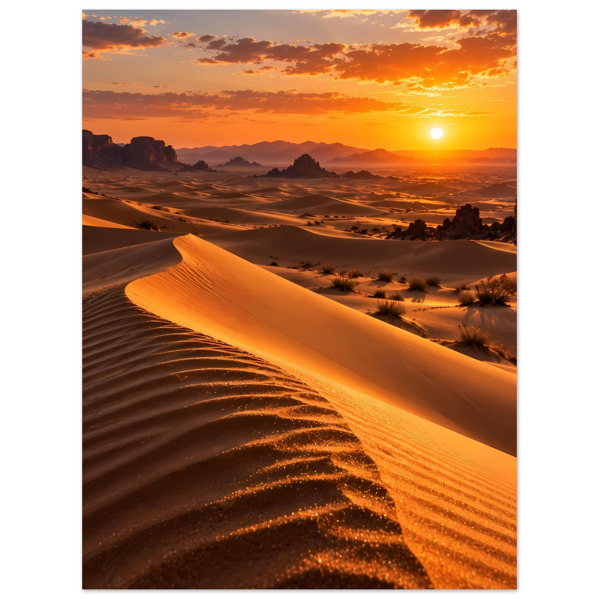 Poster mit Wüstenlandschaft und Sonnenuntergang über goldenen Sanddünen