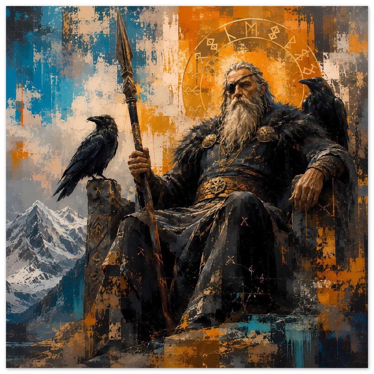 Quadratisches Norse-Götterposter mit Odin im dunklen Gewand, Speer und Rabe