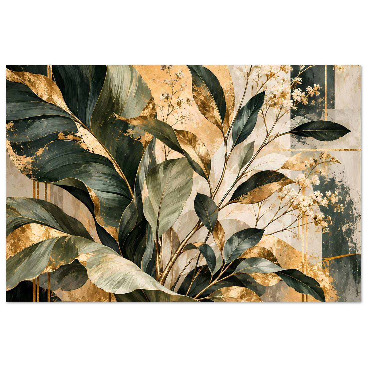 Poster mit Blatt- und Zweigmuster in Grün und Gold, beigetönte Flächen, Querformat