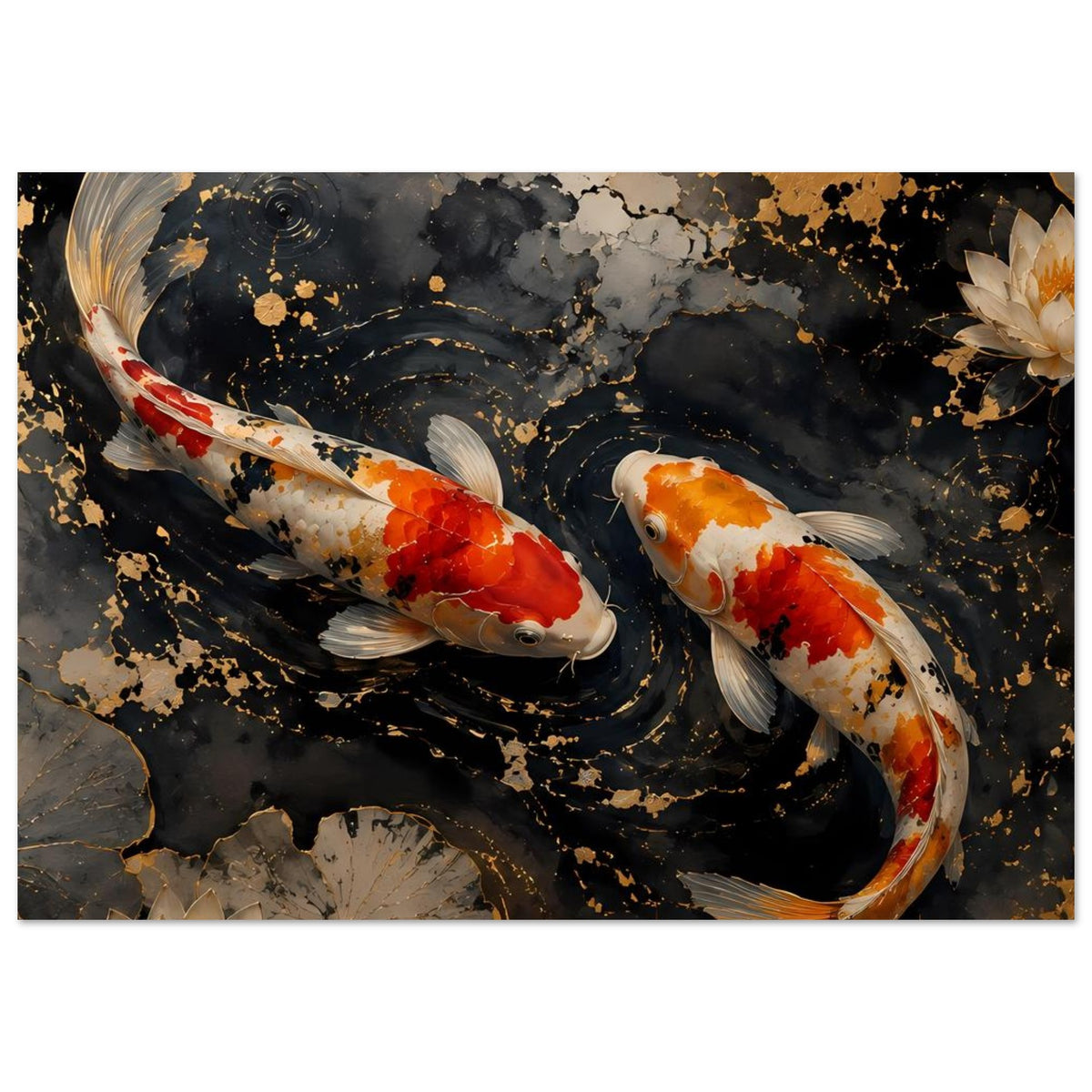 Hochformatiges Koi-Karpfen-Poster: zwei Fische im schwarzen Wasser mit goldenen Wirbel-Details