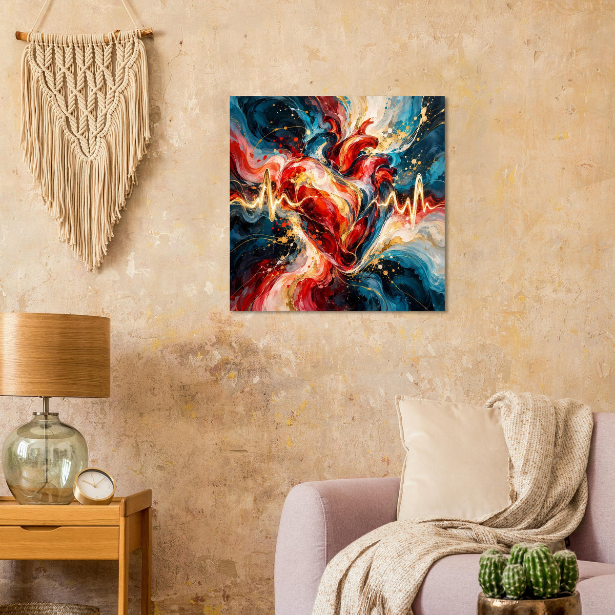 Abstraktes Herz mit Herzschlaglinie im Poster, rot, blau und gold