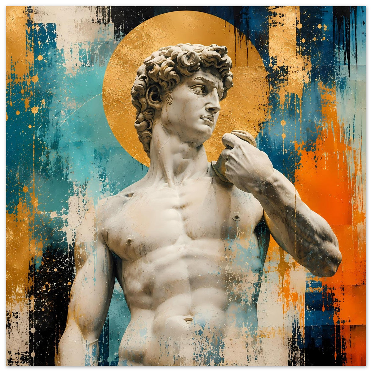 Poster mit Michelangelos David, Halbfigur vor goldenem Kreis