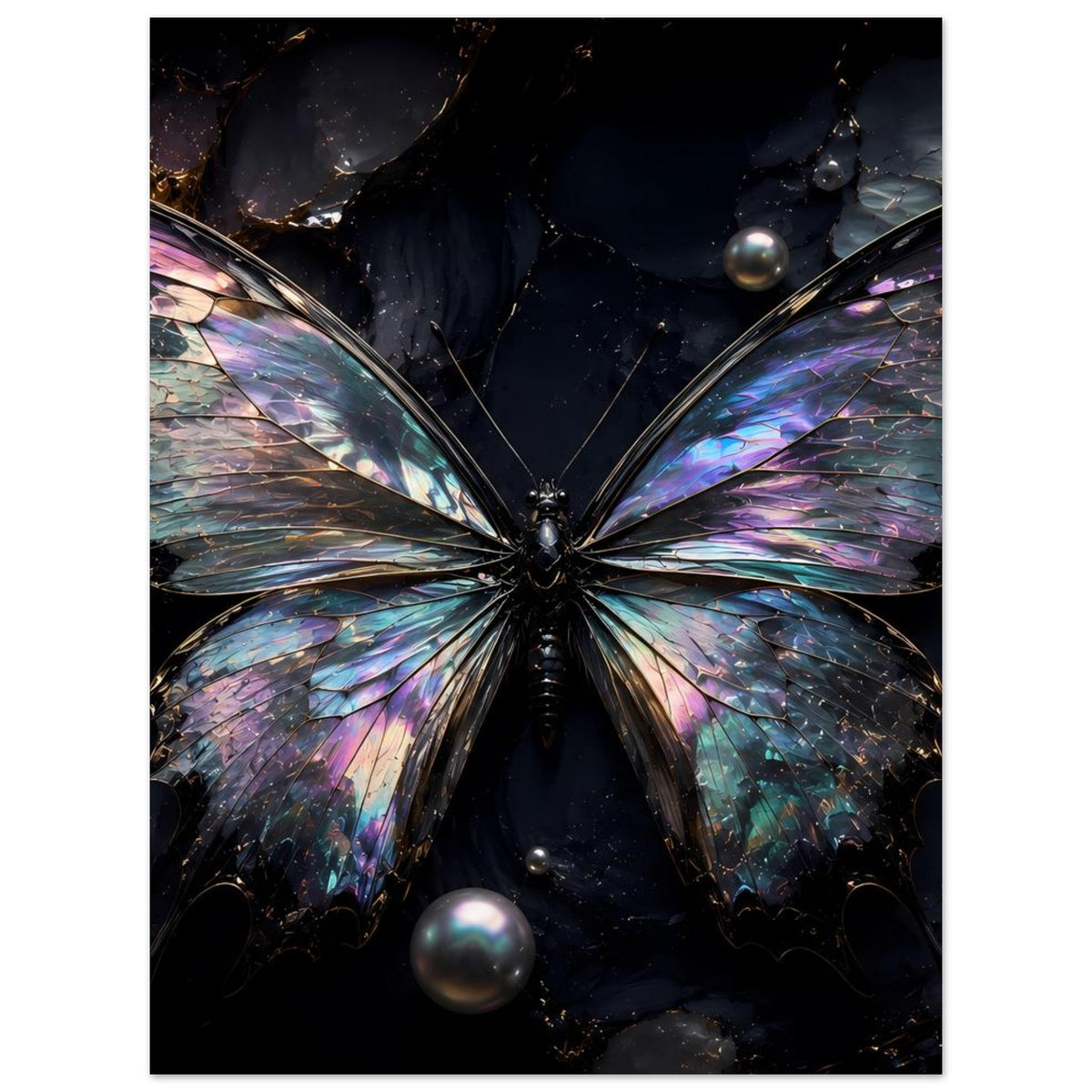 Schmetterling-Poster mit irisierenden Flügeln in Blau, Lila und Pink auf dunklem Hintergrund