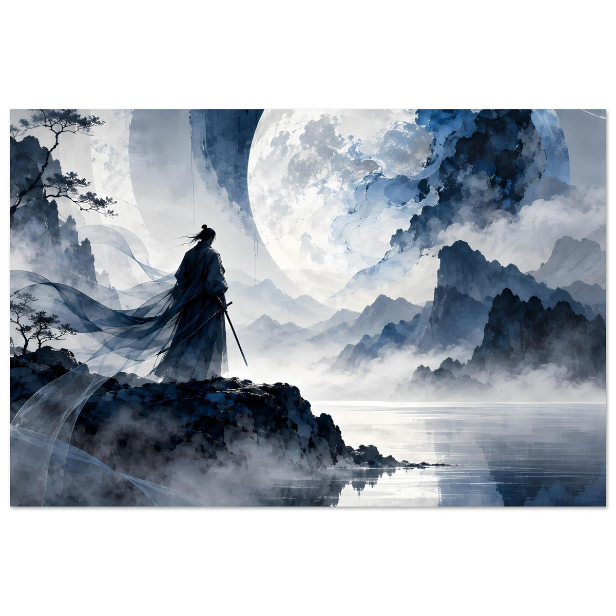 Mattes Poster, horizontales Motiv: Samurai auf Fels, wehendes dunkles Gewand, Mond über Bergkette.