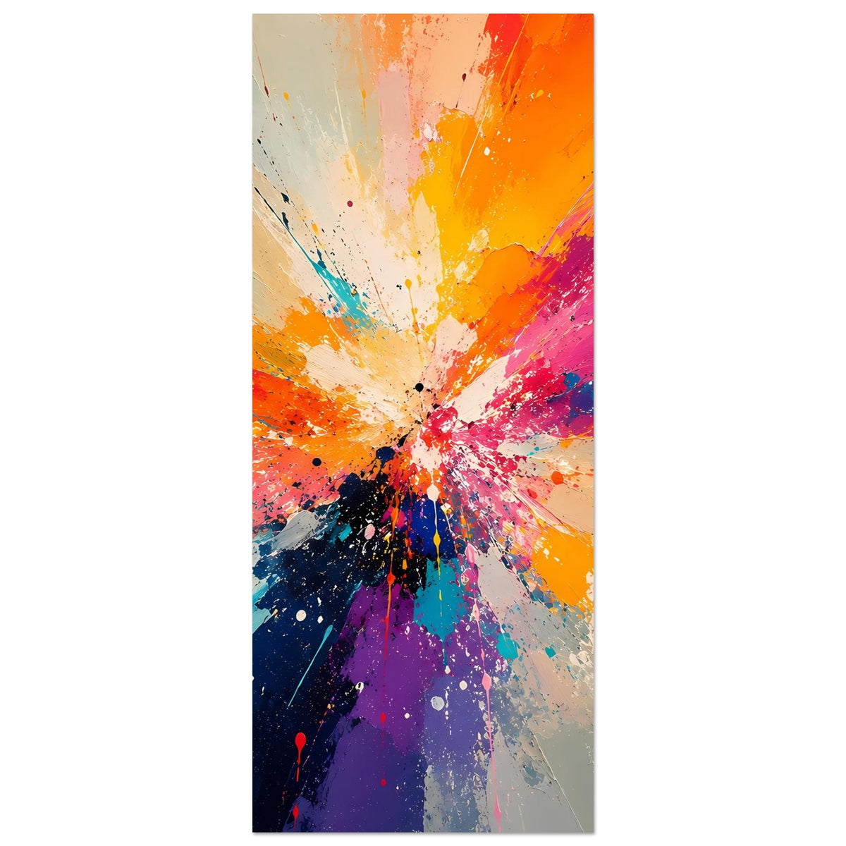 Abstraktes Kunstposter (hochkant) mit Farbexplosion in Pink, Orange, Blau und Spritzern