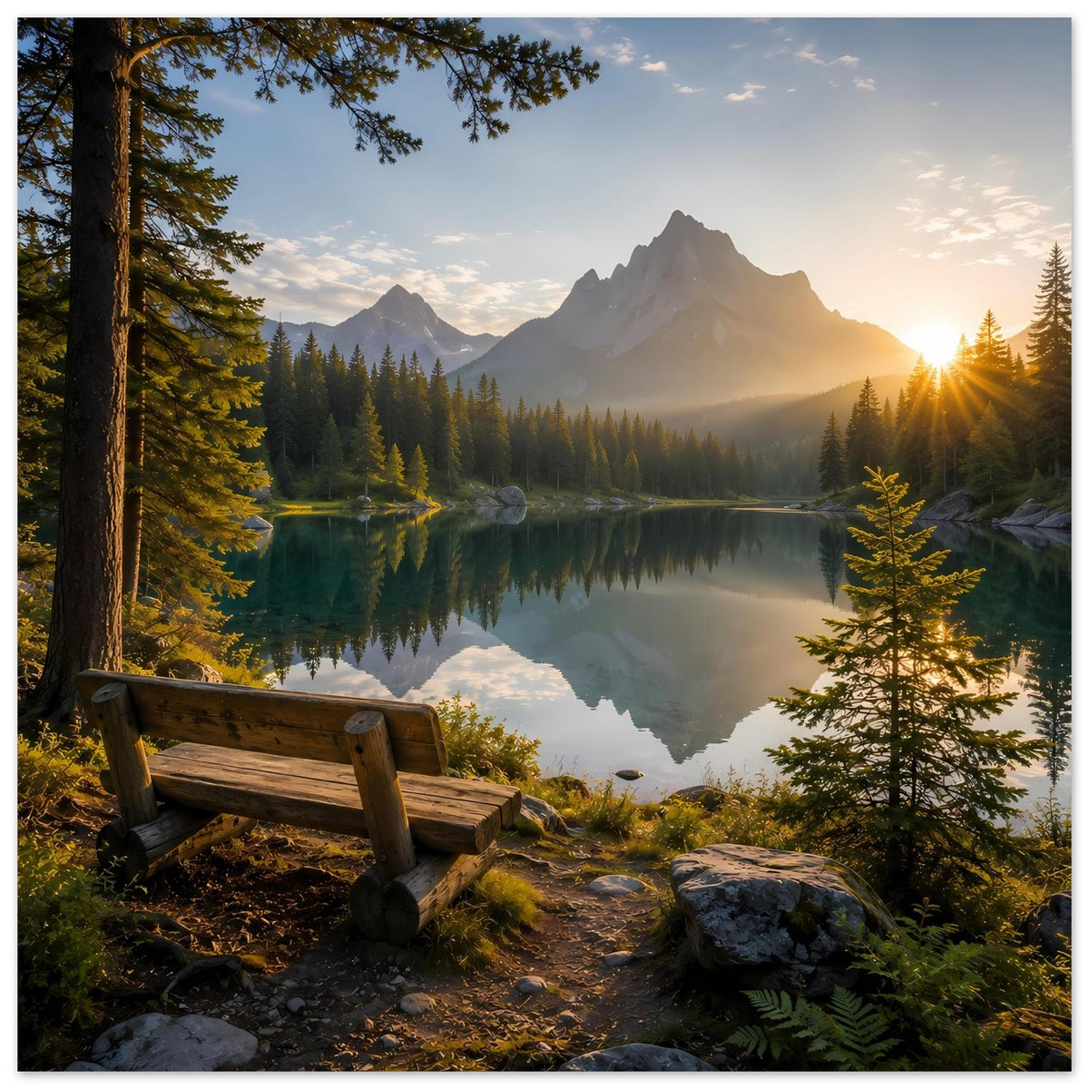 Poster mit Bergsee, Sonnenaufgang hinter den Gipfeln und Nadelbäumen entlang des Ufers