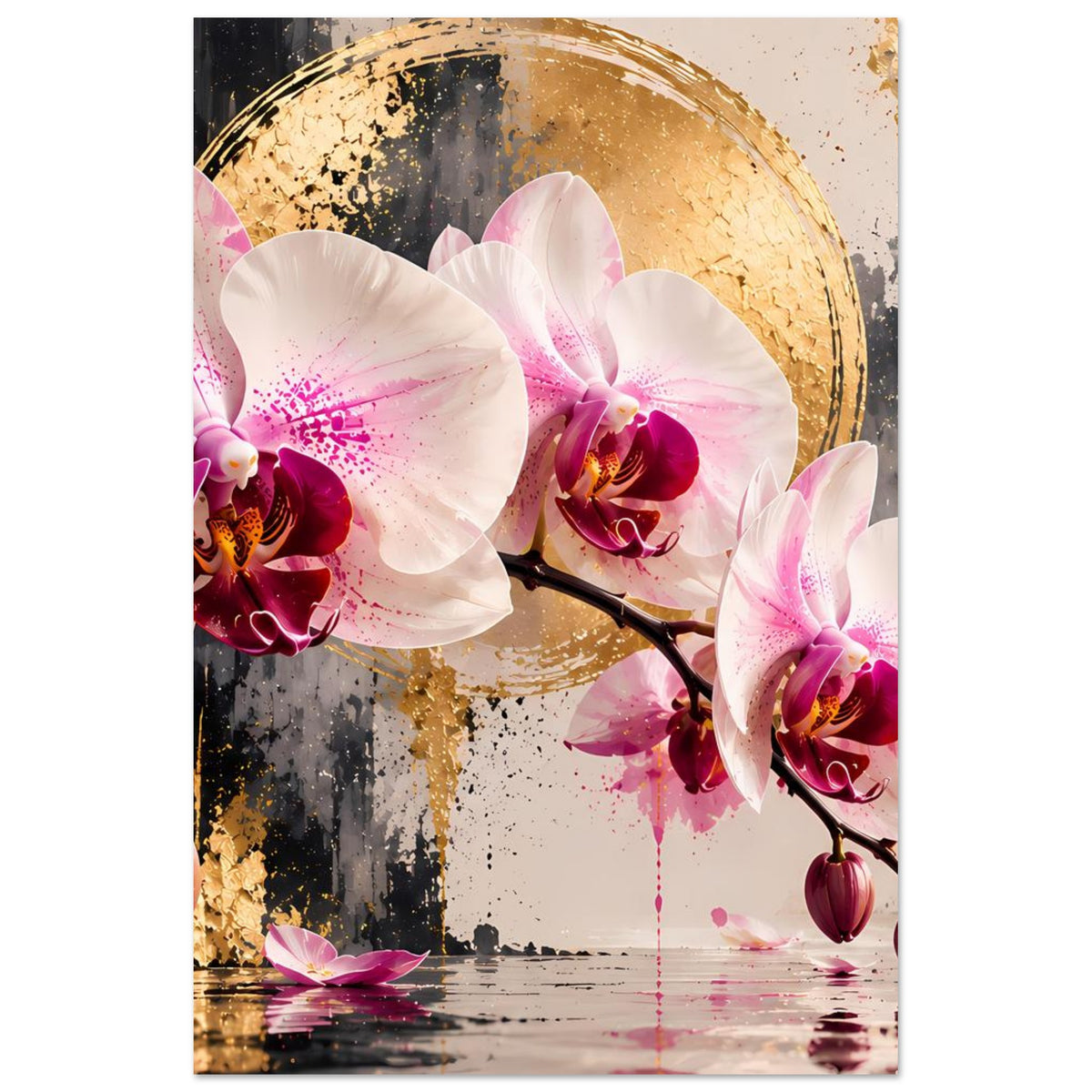 Orchideen-Poster, zentrale Blüten auf goldenem Halbkreis über dunklem Farbverlauf