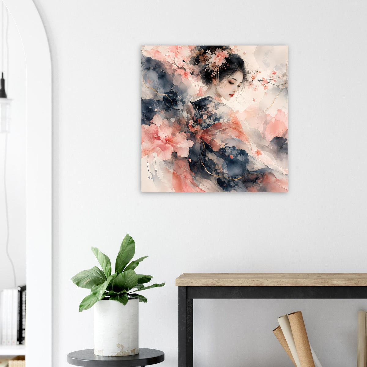 Quadratisches Wandposter mit floraler Aquarellgrafik: Frau im Blumennebel