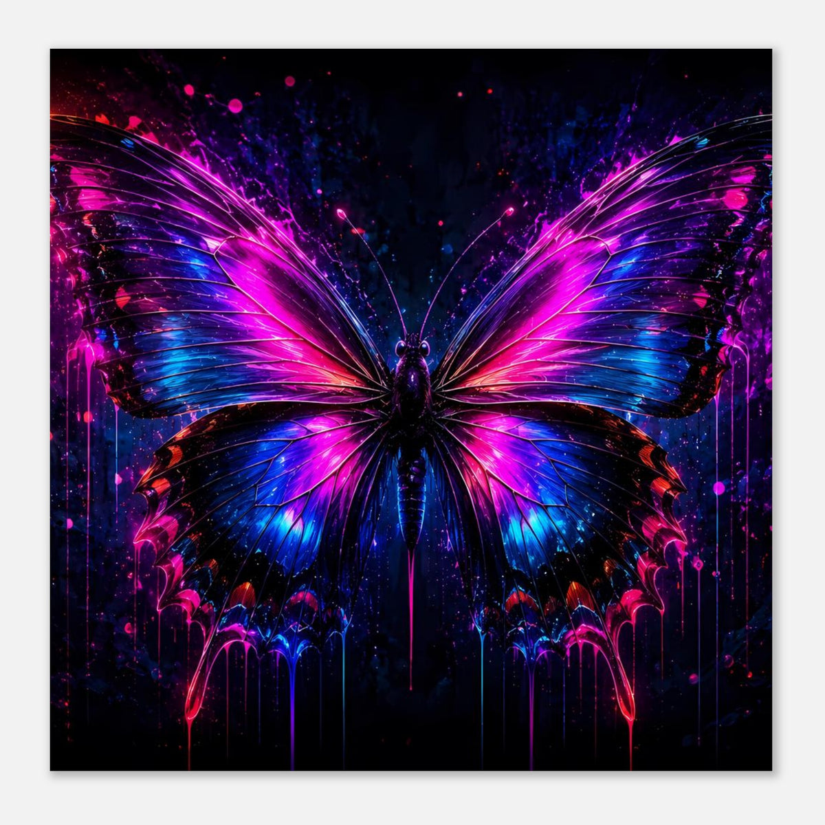 Neon-Schmetterling-Poster mit leuchtenden Blau- und Magenta-Flügeln, kräftig im Bild