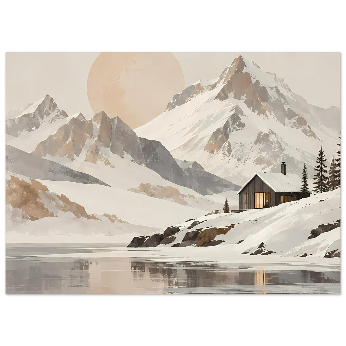 Querformat-Poster mit verschneiter Bergkette, reflektiertem See, Holzhütte und Mond