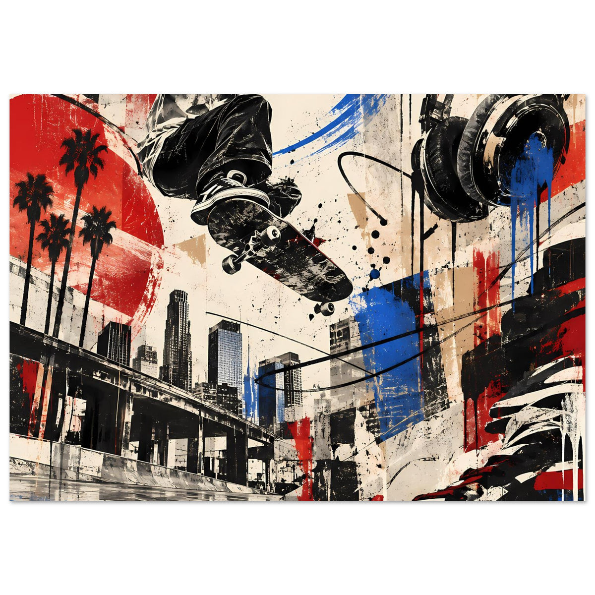 Poster mit Skateboarder-Szene, Stadtkulisse und Sprühfarbe in Rot, Blau und Schwarz (breit)