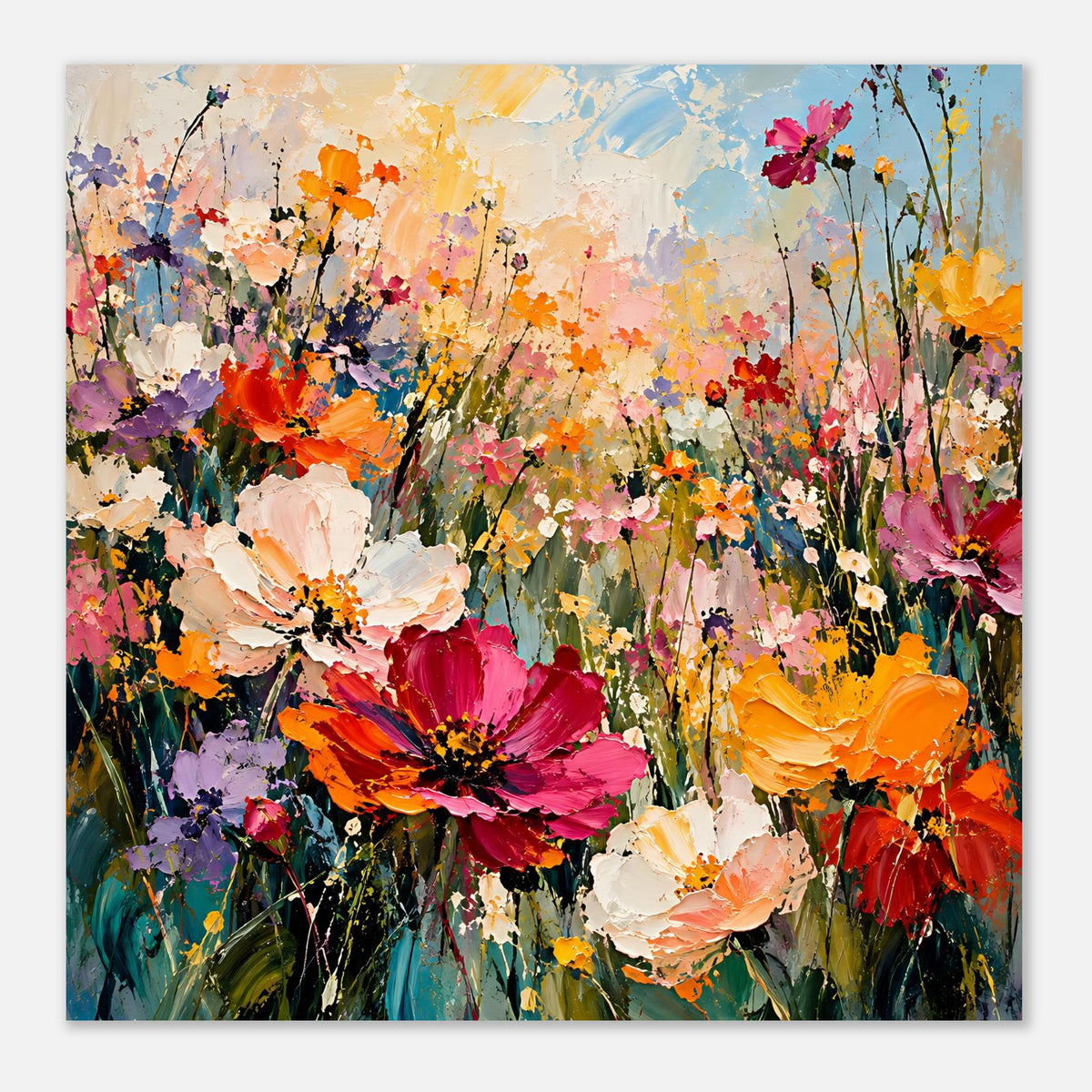 Quadratisch wirkendes Blumenposter mit buntem Blütenmix in Pink, Orange, Rot und Lila