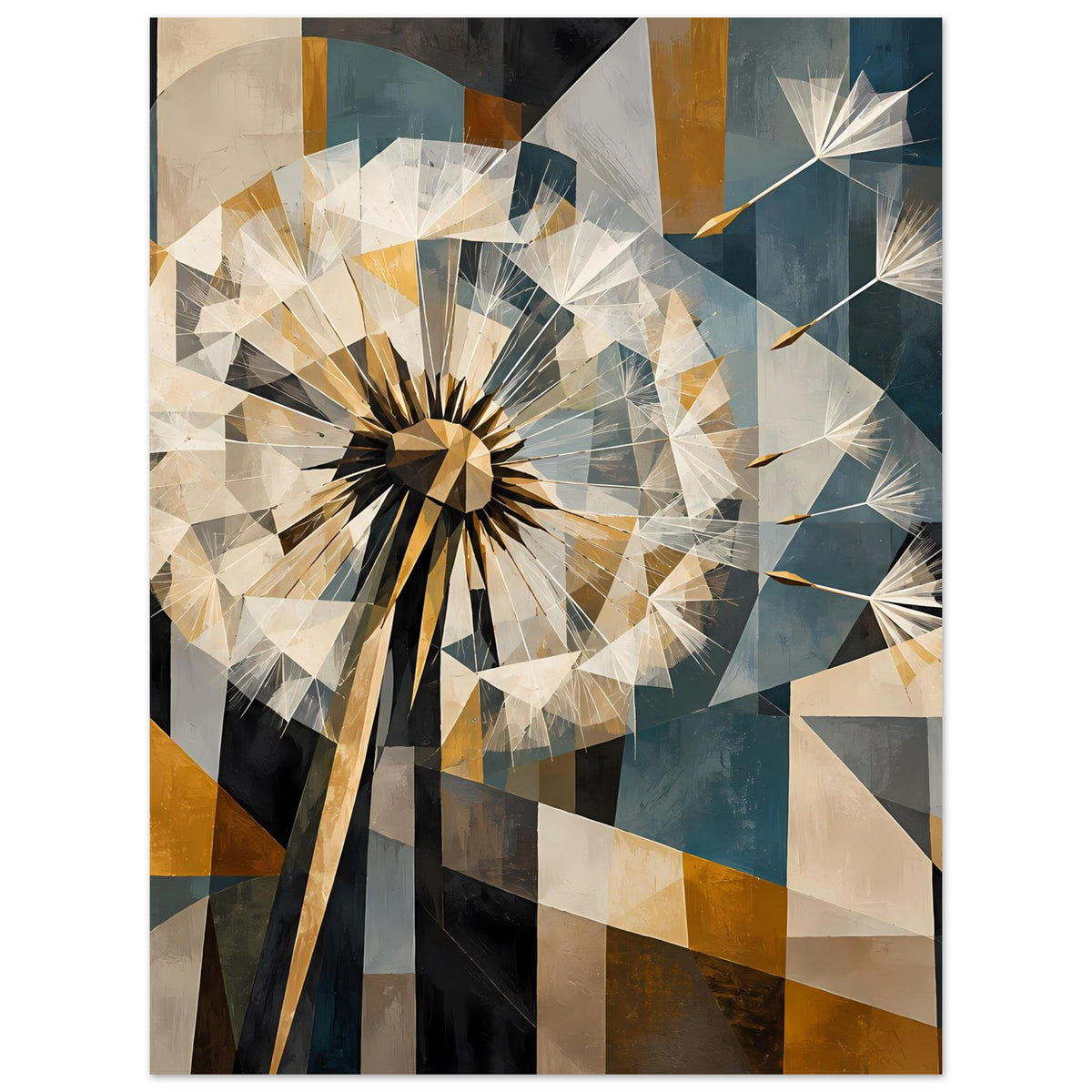 Geometrisches Löwenzahn-Poster, große Löwenzahnblüte mit Dreieckstextur, blau-goldener Farbverlauf