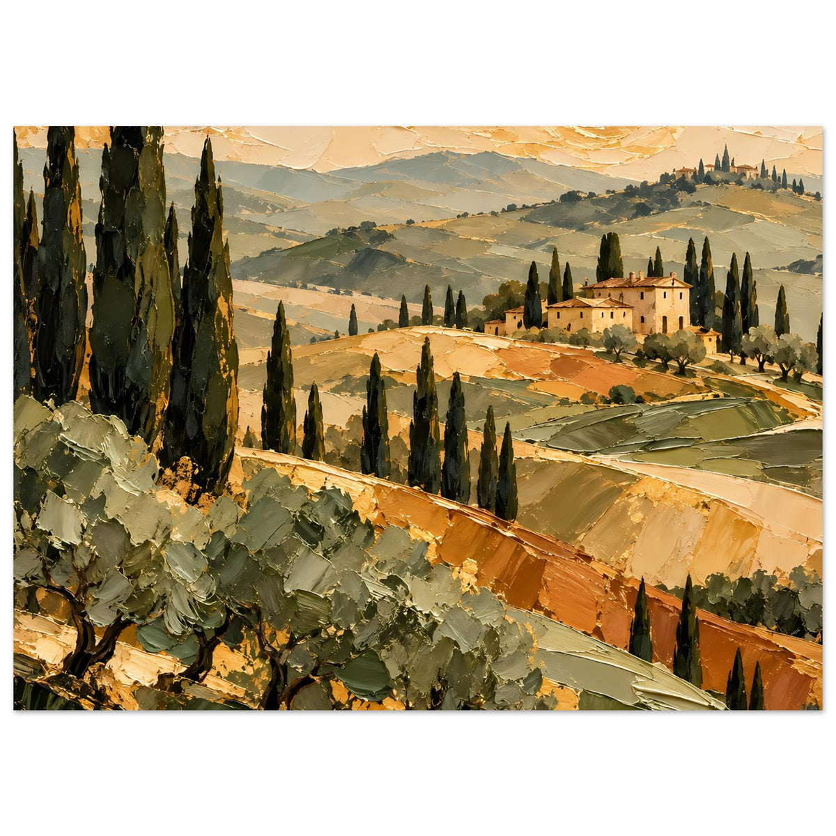 Goldtöniges Tuscan-Landschaftsposter, breites Motiv: Hügel, Zypressen und Landhaus